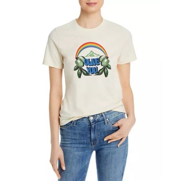 RARE Tory Burch Olive You Rainbow Women's T Shirt Size M Cream Made in Peru - Picture 1 of 7